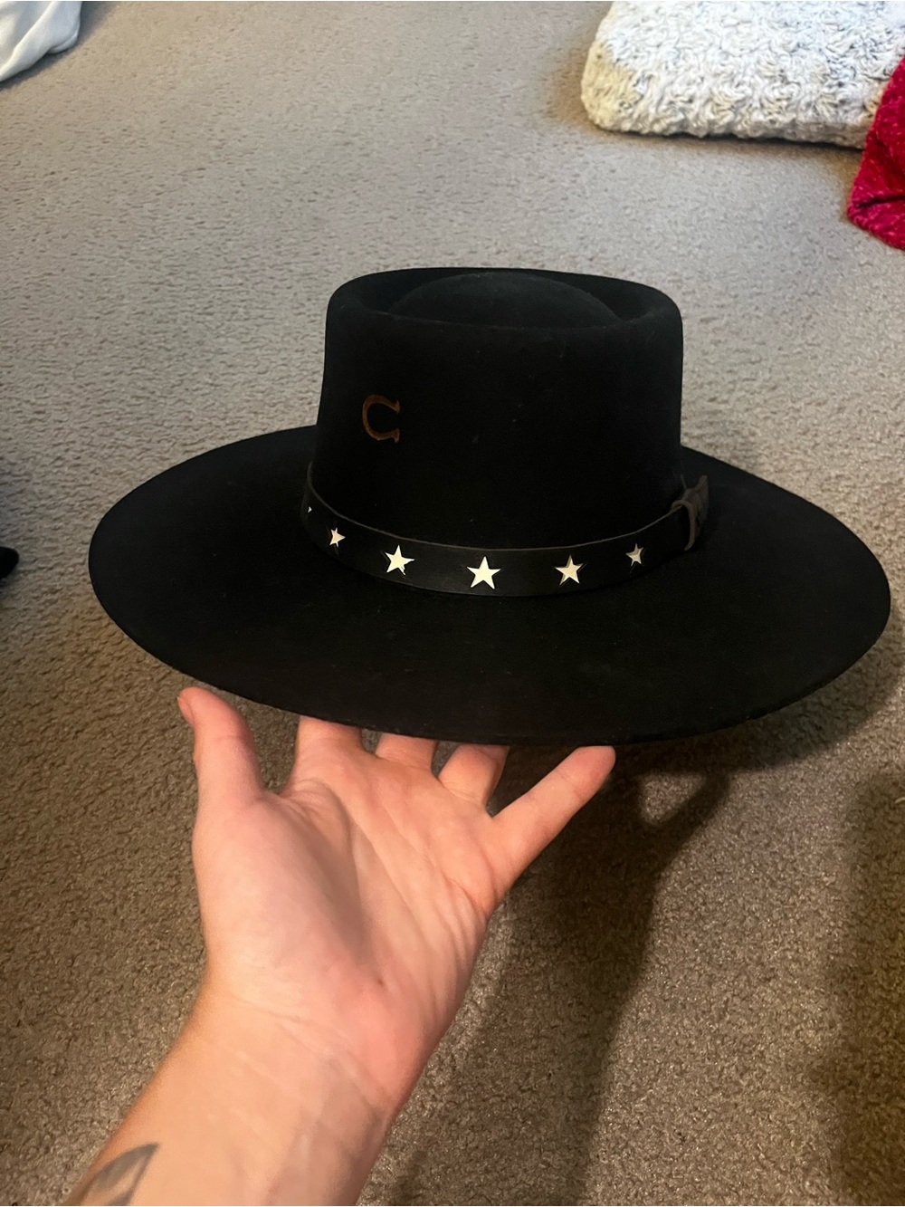 Black Wide-Brim Felt Hat with Star-Studded Band
